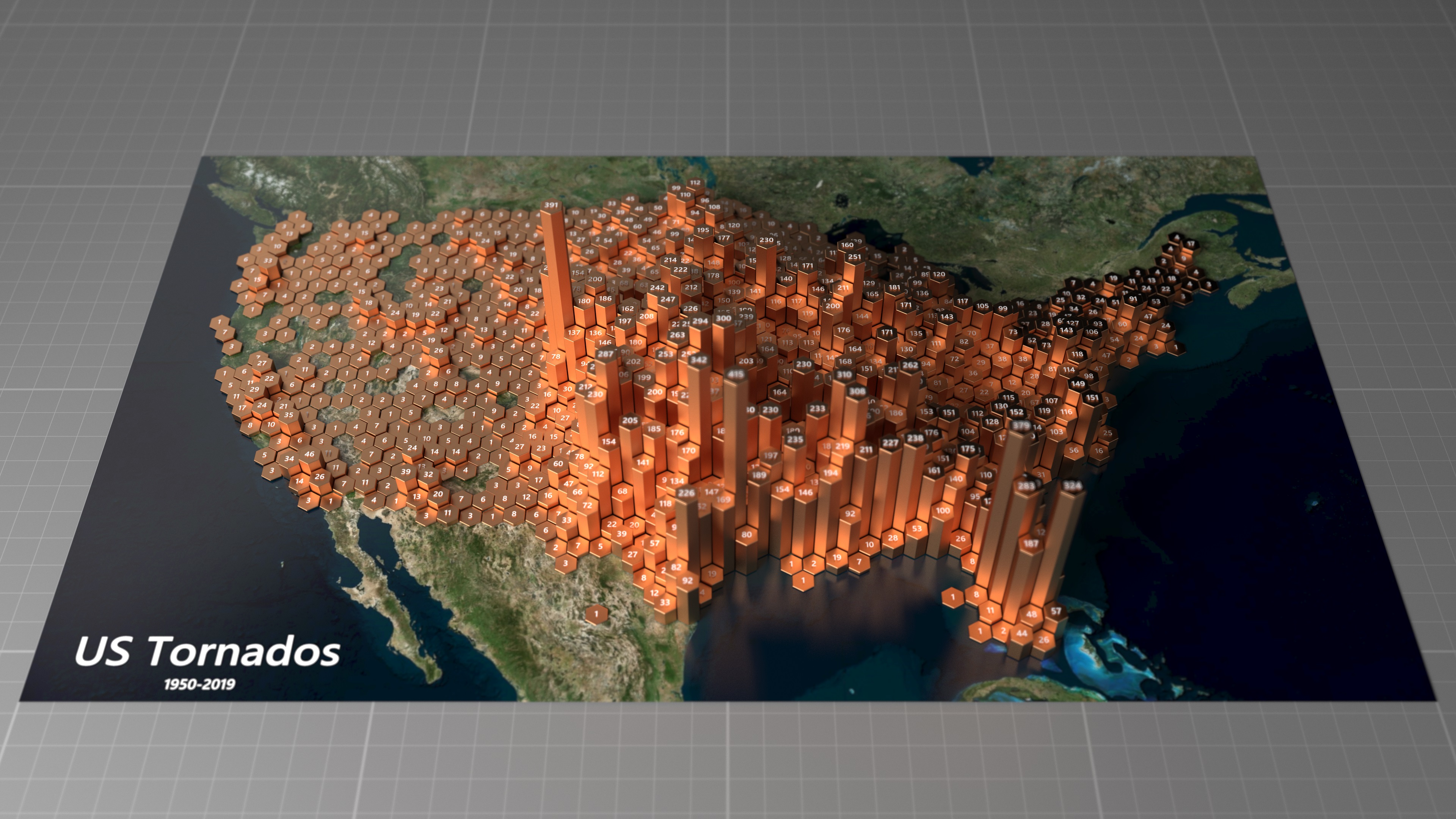 Ray-traced data visualization showing a hex-binned histogram of tornados in the United States.