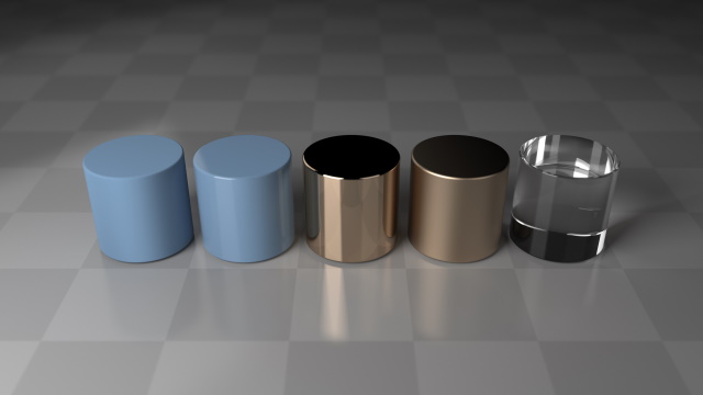 Raytrace renderer material sample using cylinders with rounded edges.
