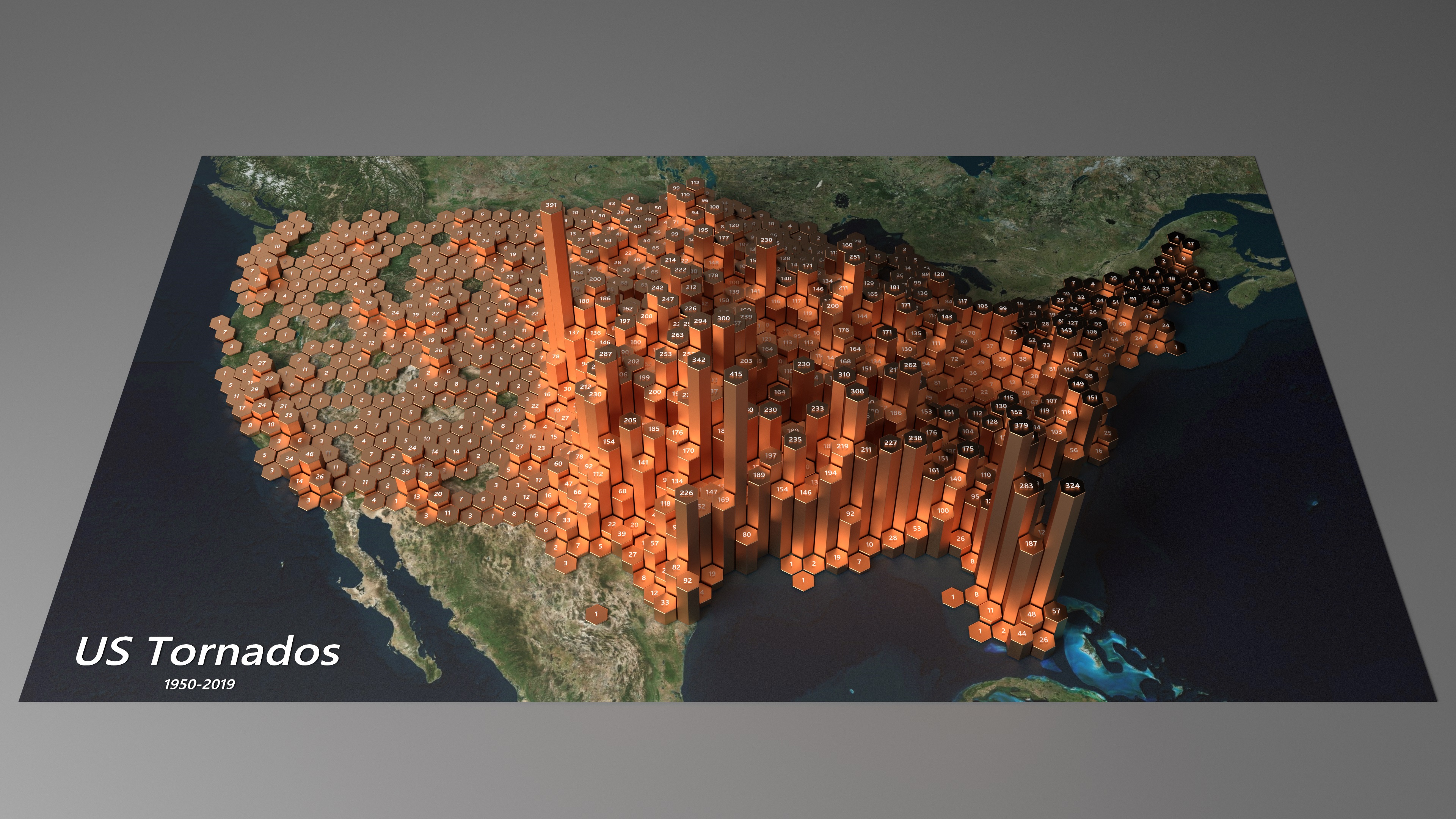 Ray-traced data visualization showing a hex-binned histogram of tornados in the United States.
